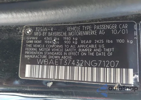 2002 BMW 325I from USA, damaged, VIN WBAET37432NG71207